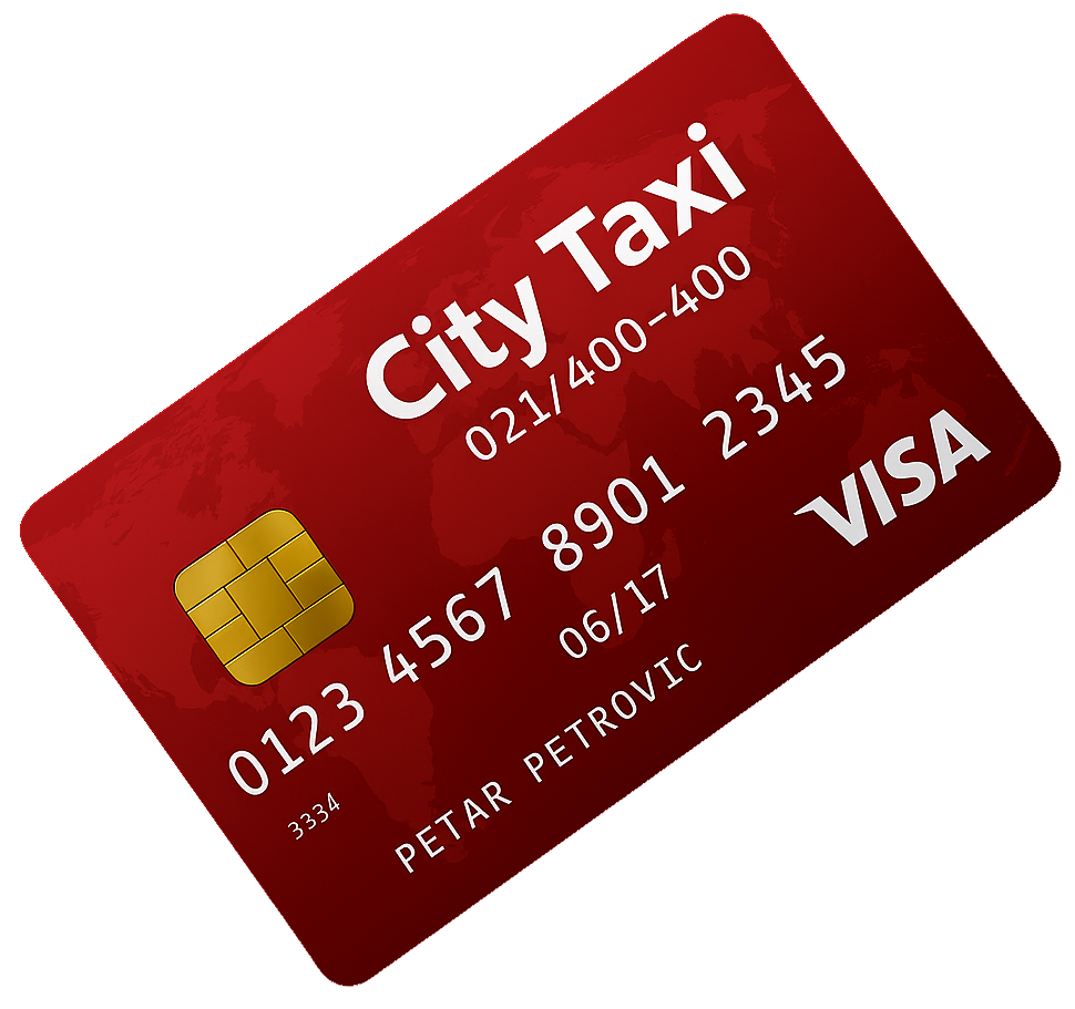 Promotivna grafika za City Taxi koja prikazuje mogućnost plaćanja vožnje platnim karticama.
